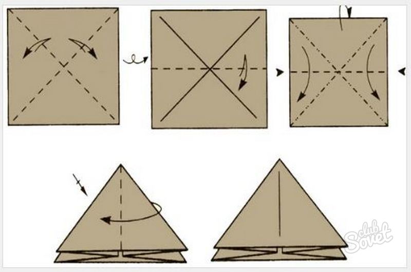 Lipat dua segitiga samping, lalu putar bentuk - dan lakukan hal yang sama dengan sepasang segitiga berikutnya